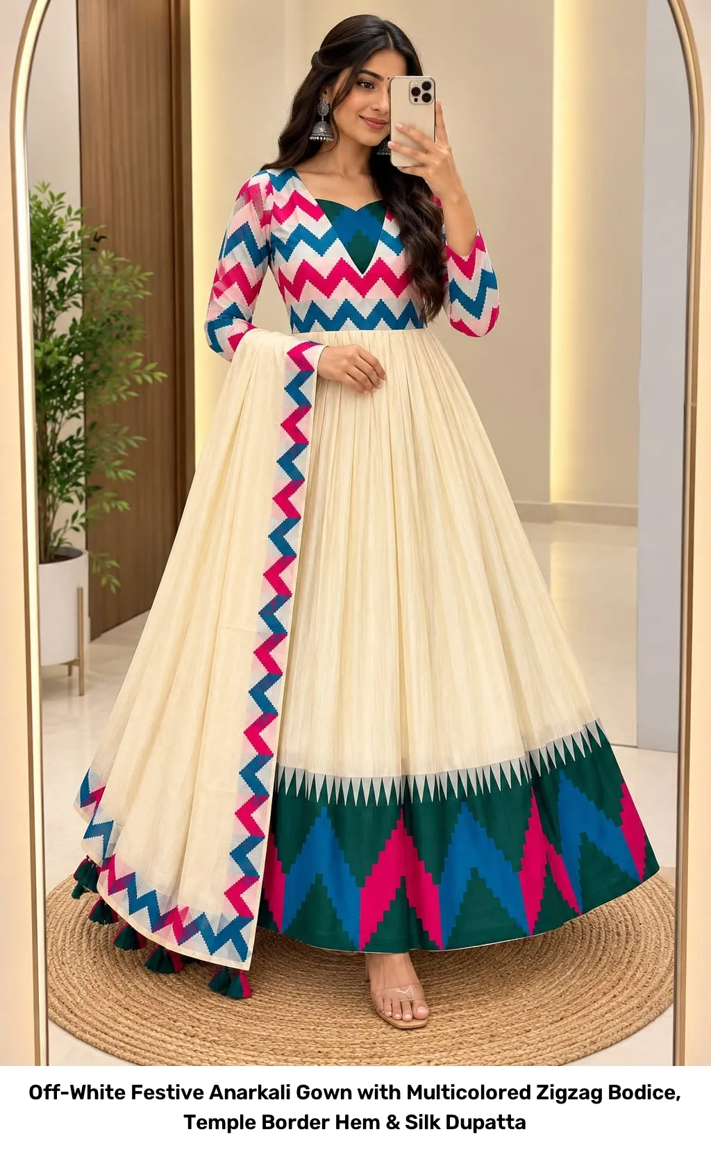 Off-White Festive Anarkali Gown with Multicolored Zigzag Bodice, Temple Border Hem & Silk Dupatta 2
