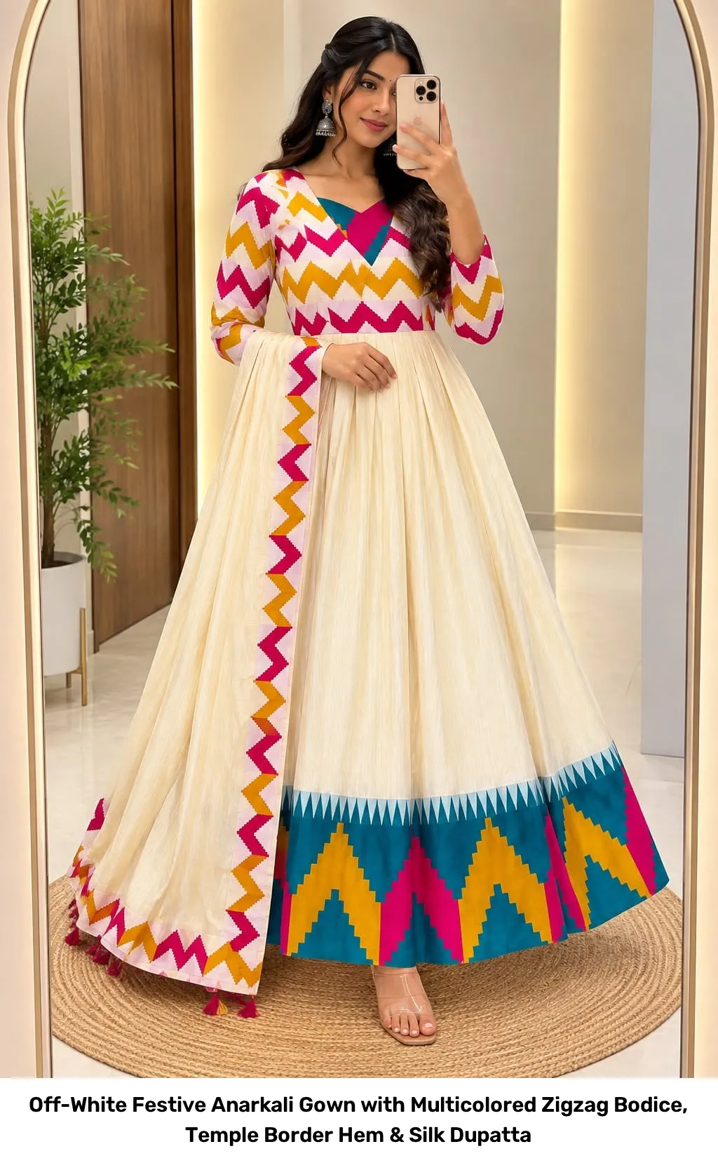 Off-White Festive Anarkali Gown with Multicolored Zigzag Bodice, Temple Border Hem & Silk Dupatta 3