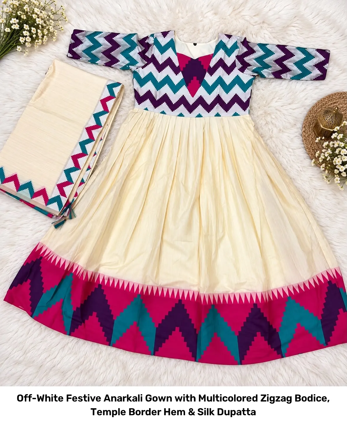 Off-White Festive Anarkali Gown with Multicolored Zigzag Bodice, Temple Border Hem & Silk Dupatta 4