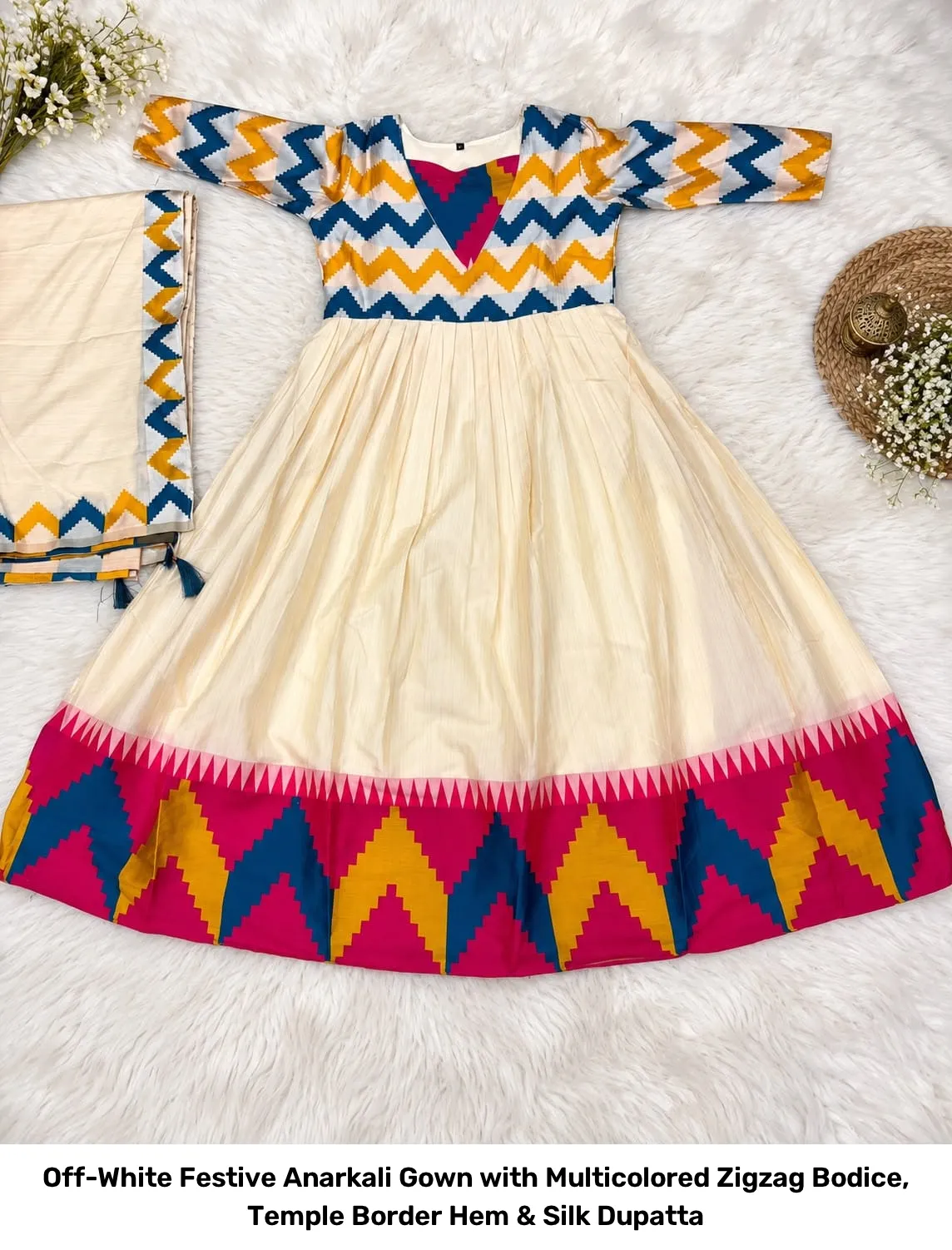 Off-White Festive Anarkali Gown with Multicolored Zigzag Bodice, Temple Border Hem & Silk Dupatta 5