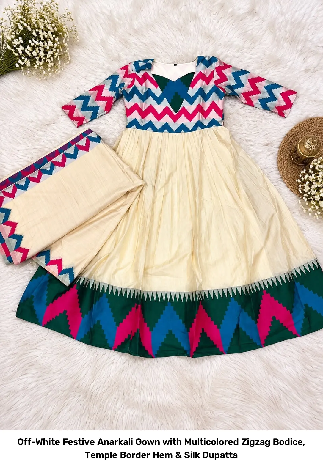 Off-White Festive Anarkali Gown with Multicolored Zigzag Bodice, Temple Border Hem & Silk Dupatta 6