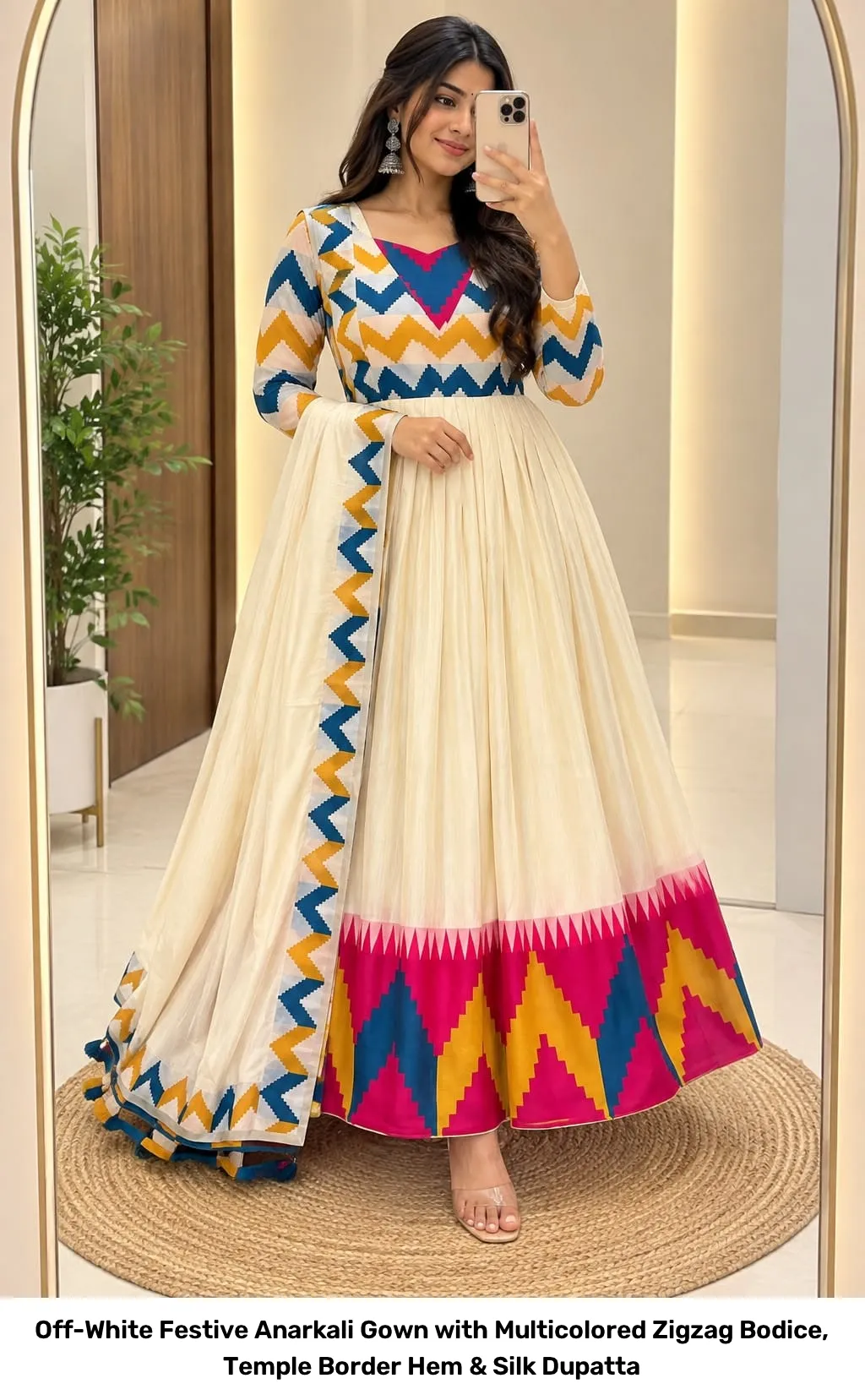 Off-White Festive Anarkali Gown with Multicolored Zigzag Bodice, Temple Border Hem & Silk Dupatta 7