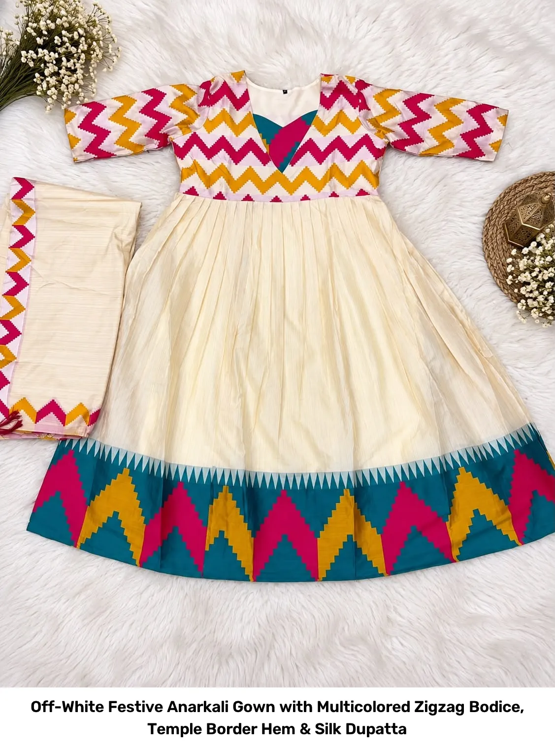 Off-White Festive Anarkali Gown with Multicolored Zigzag Bodice, Temple Border Hem & Silk Dupatta 8