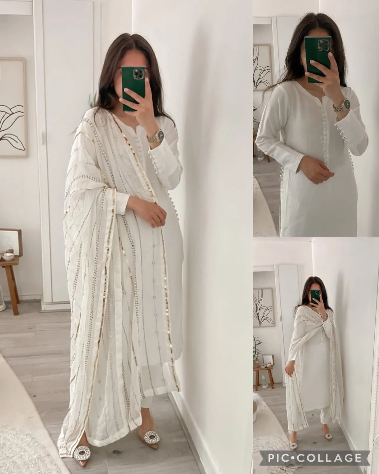 Off-White Georgette Kurti Pant Set with Sequence Moti Dupatta