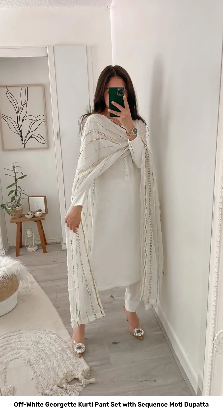 Off-White Georgette Kurti Pant Set with Sequence Moti Dupatta 2