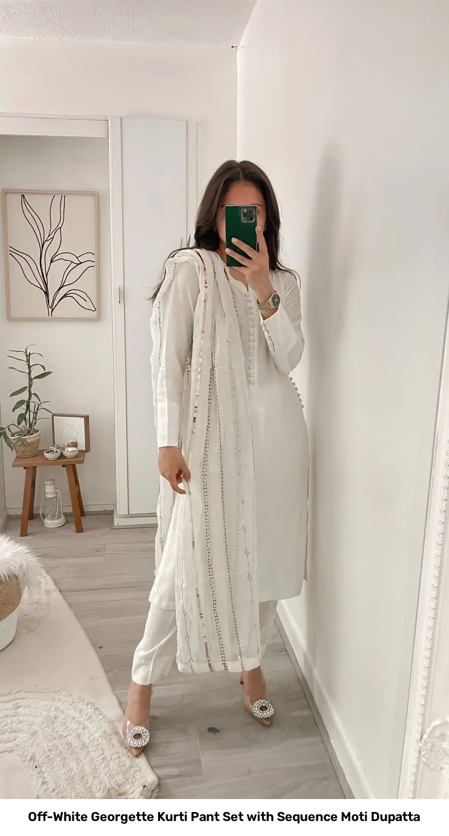 Off-White Georgette Kurti Pant Set with Sequence Moti Dupatta 3