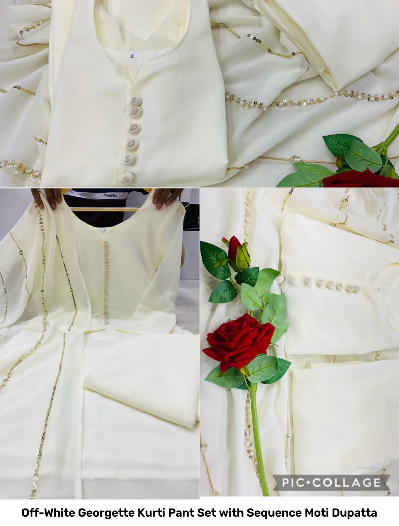 Off-White Georgette Kurti Pant Set with Sequence Moti Dupatta 5