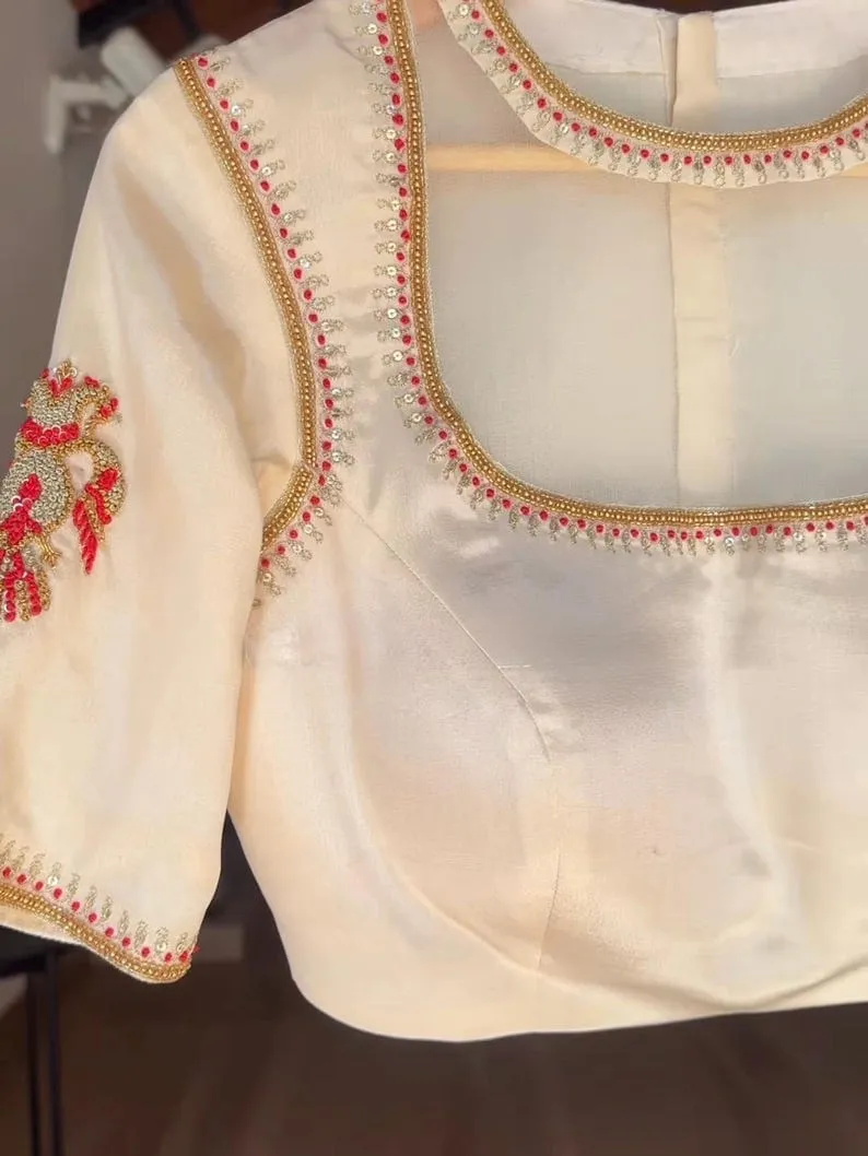 Off-White Illusion Sheer Net Neck Maggam Work Blouse | Raw Silk Designer Saree Blouse with Parrot Motif