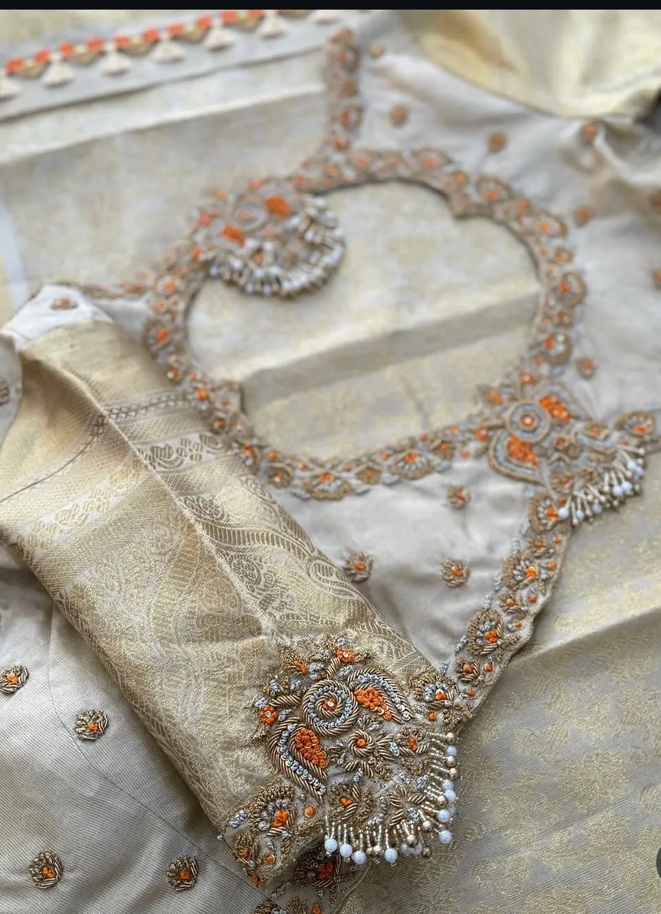 Off-White Kanjivaram Silk Heavy Maggam Work Blouse | Pearl Beaded Bridal Cutwork Blouse