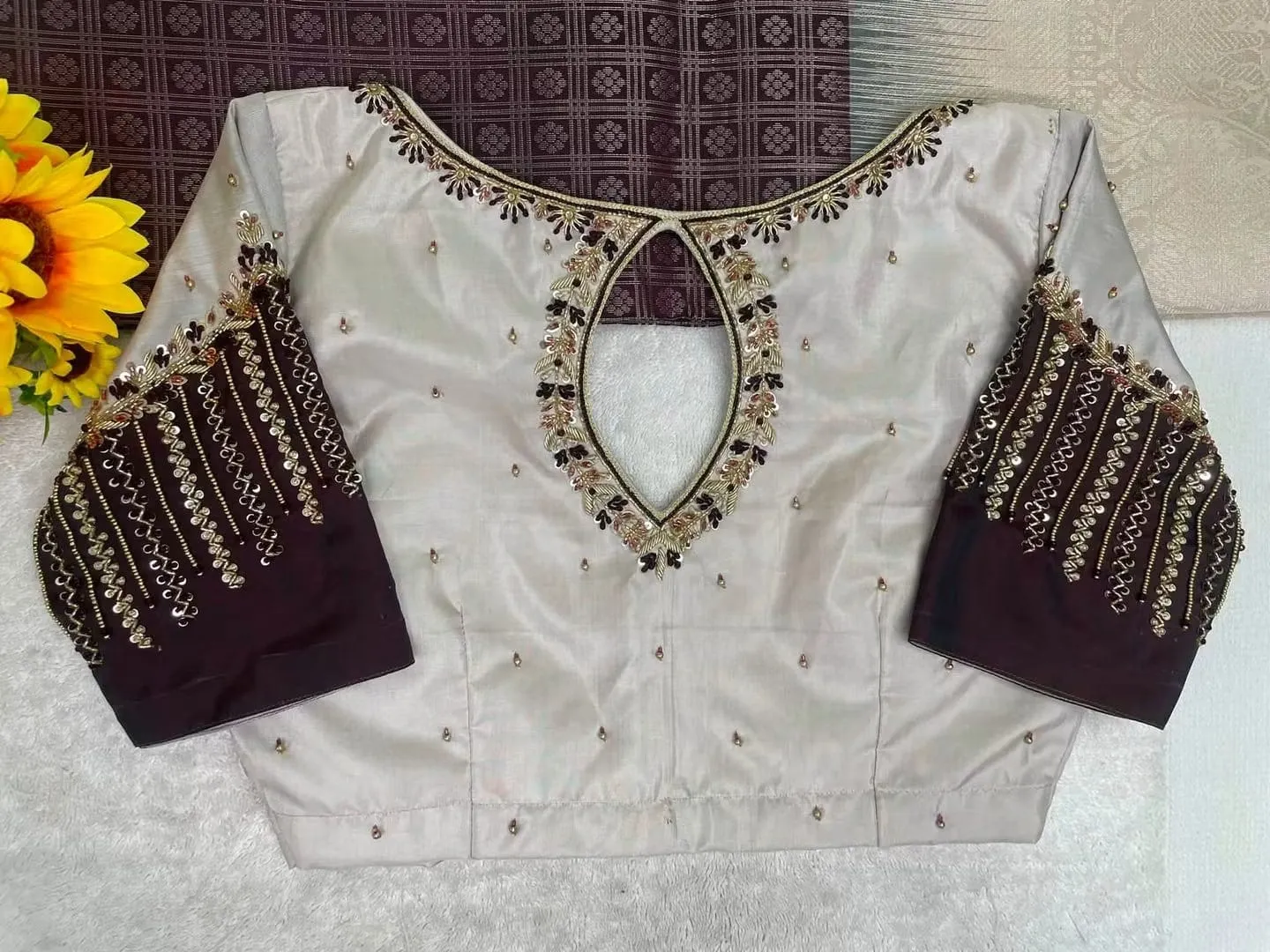 Off-White & Maroon Contrast Silk Saree Blouse | Hand Embroidered Keyhole Back Neck Choli