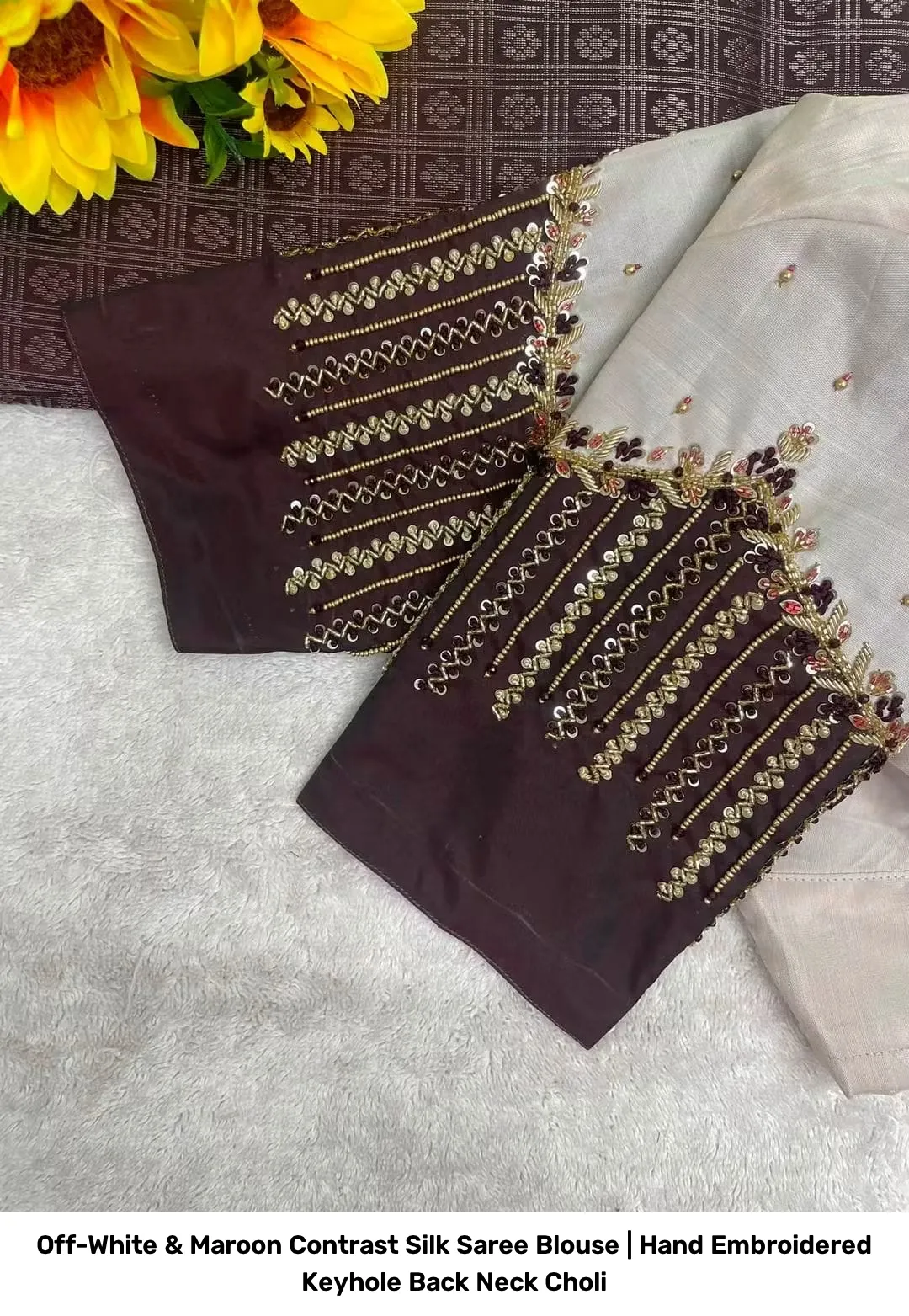 Off-White & Maroon Contrast Silk Saree Blouse | Hand Embroidered Keyhole Back Neck Choli 2