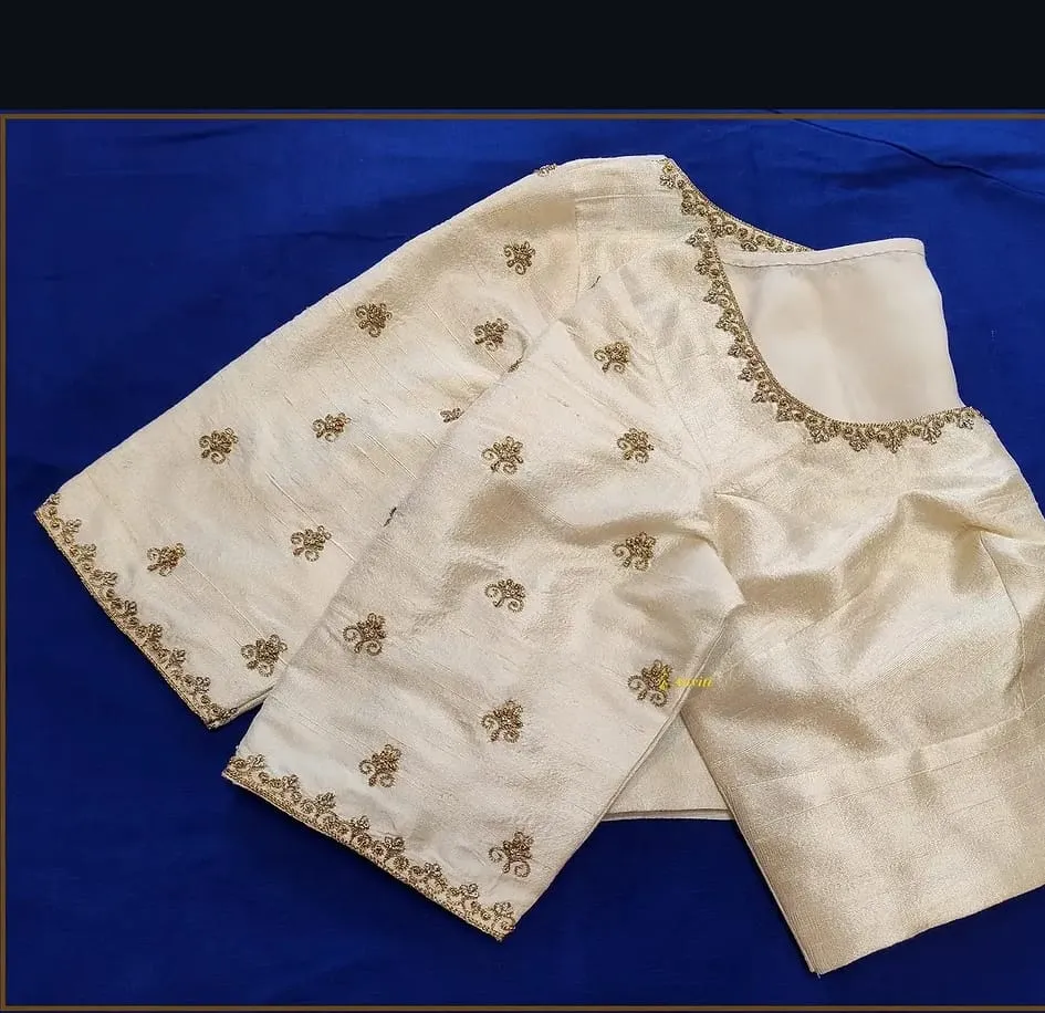 Off-White Pure Raw Silk Saree Blouse – Gold Zardosi Butti & Border Maggam Work Elbow Sleeve Readymade Blouse