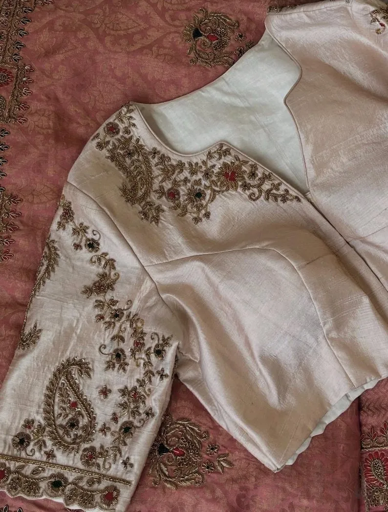 Off-White Raw Silk Bridal Maggam Work Blouse | Scallop Neck Paisley Hand Embroidered Aari Work Saree Blouse