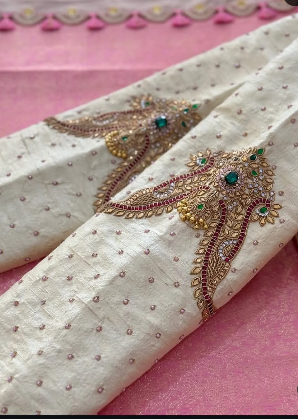 Off-White Raw Silk Maggam Work Blouse | Emerald Green Stone & Peacock Motif Bridal Saree Blouse
