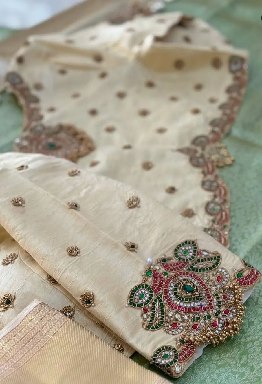 Off White Raw Silk Maggam Work Blouse | Jadau Kundan & Kemp Stone Bridal Saree Blouse