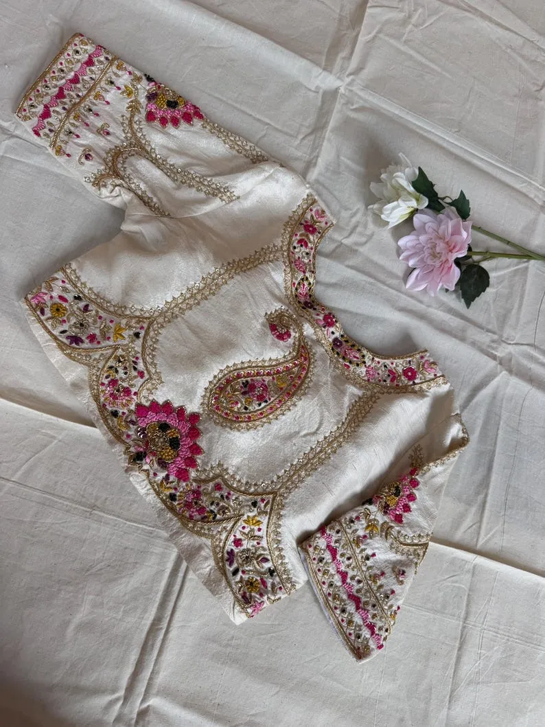 Off-White Raw Silk Maggam Work Blouse | Scallop Cutwork Border Hand Embroidered Paisley Aari Saree Blouse