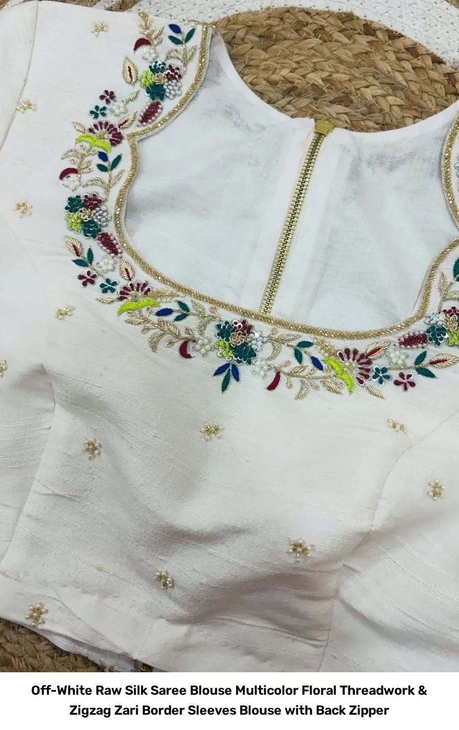 Off-White Raw Silk Saree Blouse – Multicolor Floral Threadwork & Zigzag Zari Border Sleeves Blouse with Back Zipper 2