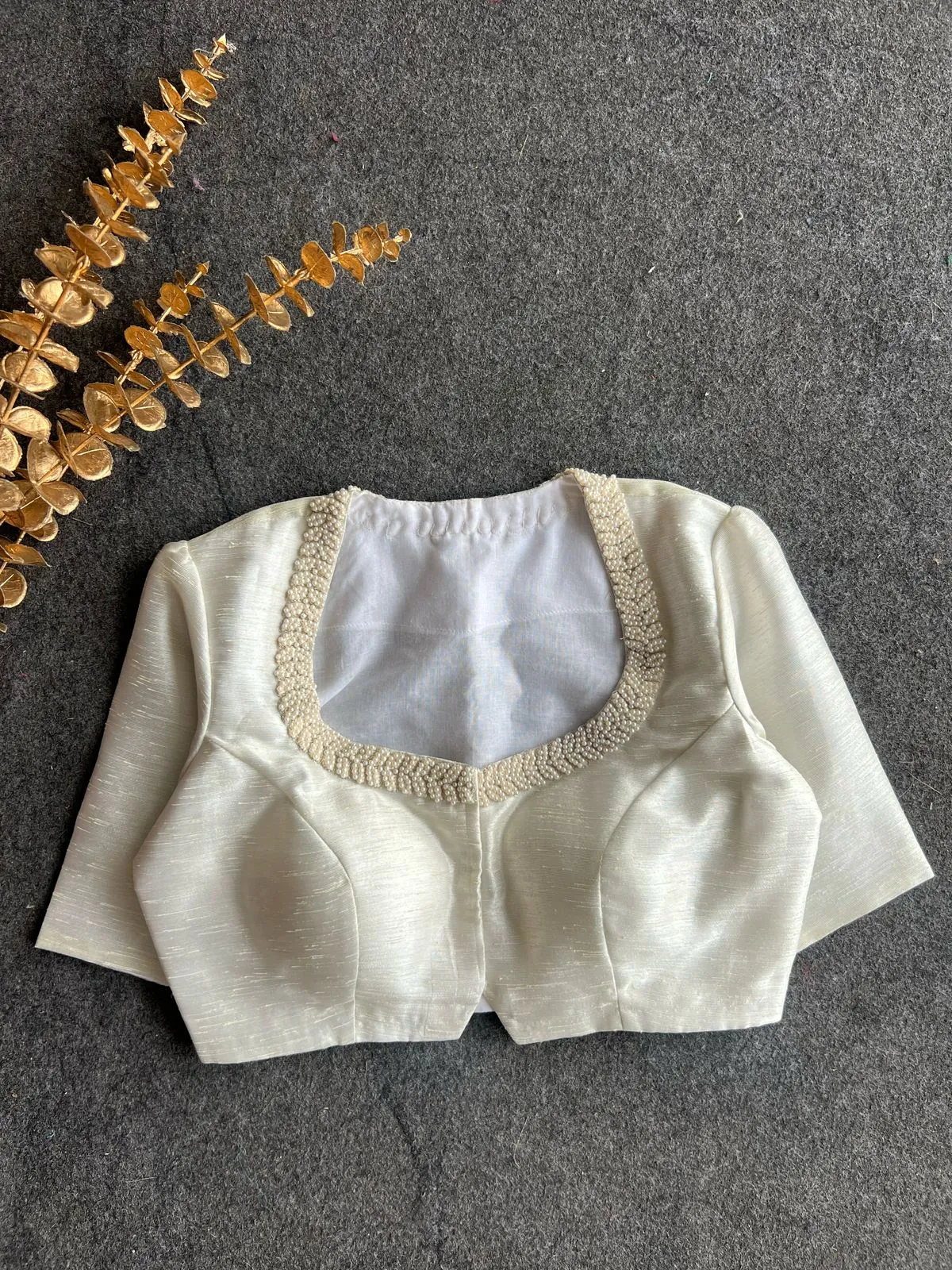 Off-White Raw Silk Saree Blouse with Maggam Pearl Work | Handcrafted Moti Beaded Sweetheart Neck Blouse