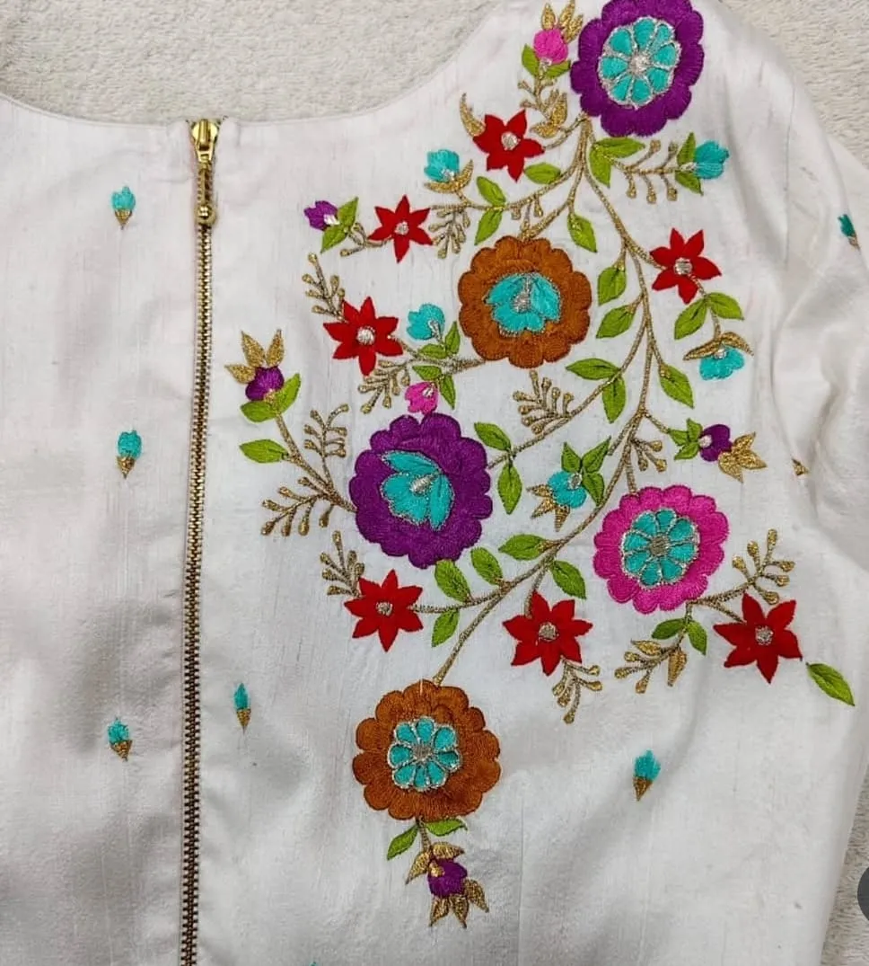 Off White Raw Silk Saree Blouse with Multicolour Floral Thread Embroidery & Back Zipper
