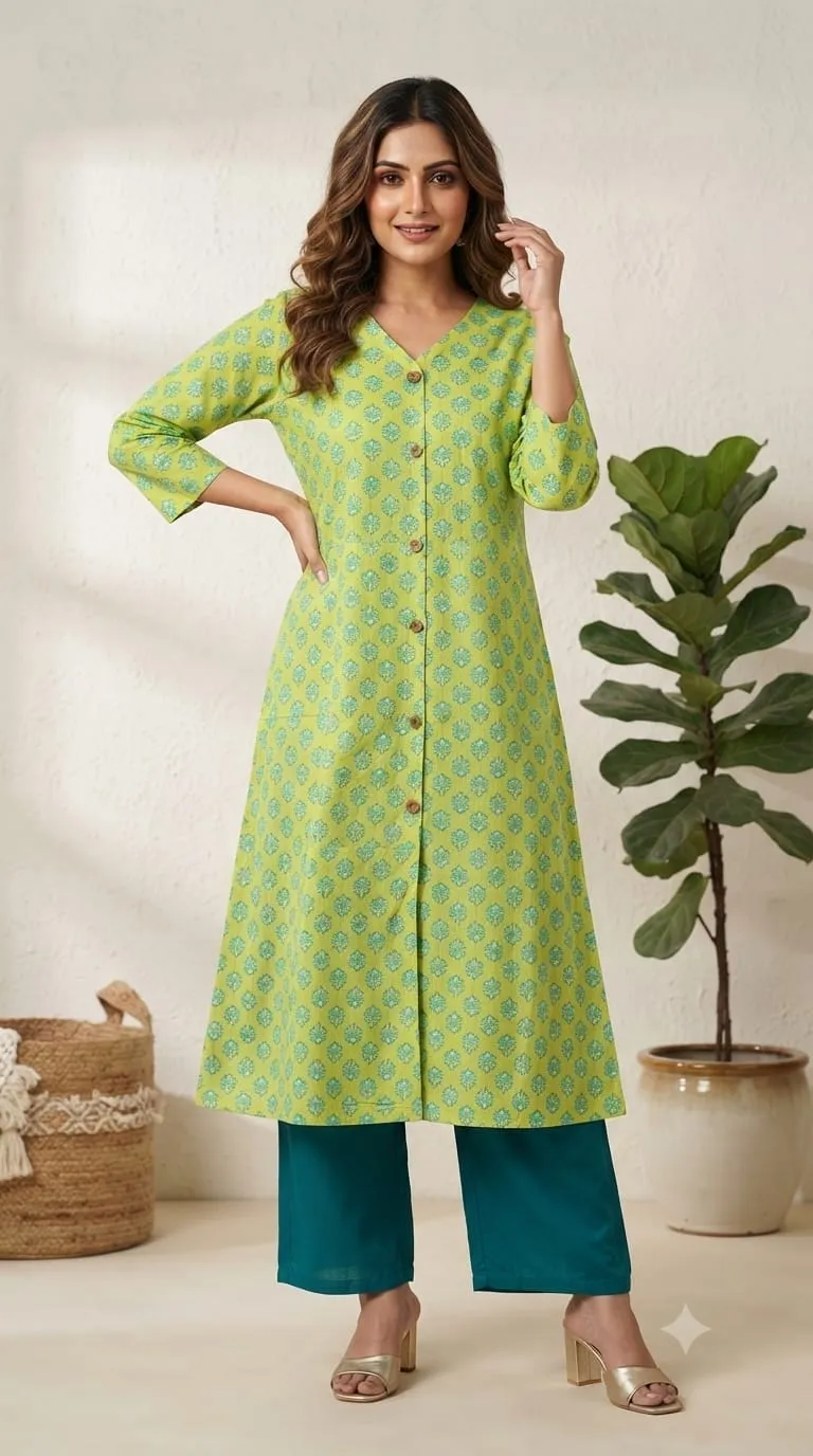 Office Wear Pure Cotton A-Line Long Kurti with Button Down Slit