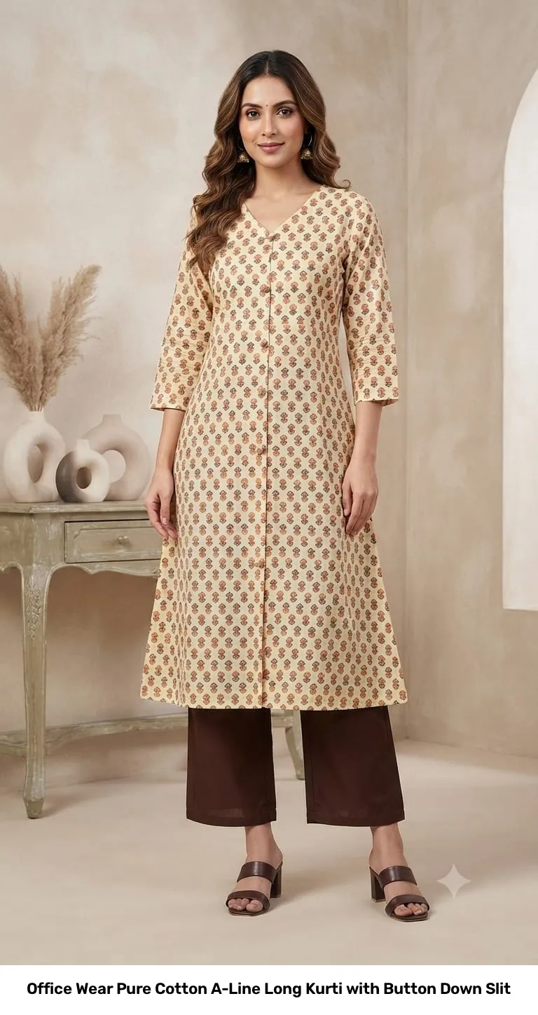 Office Wear Pure Cotton A-Line Long Kurti with Button Down Slit 2