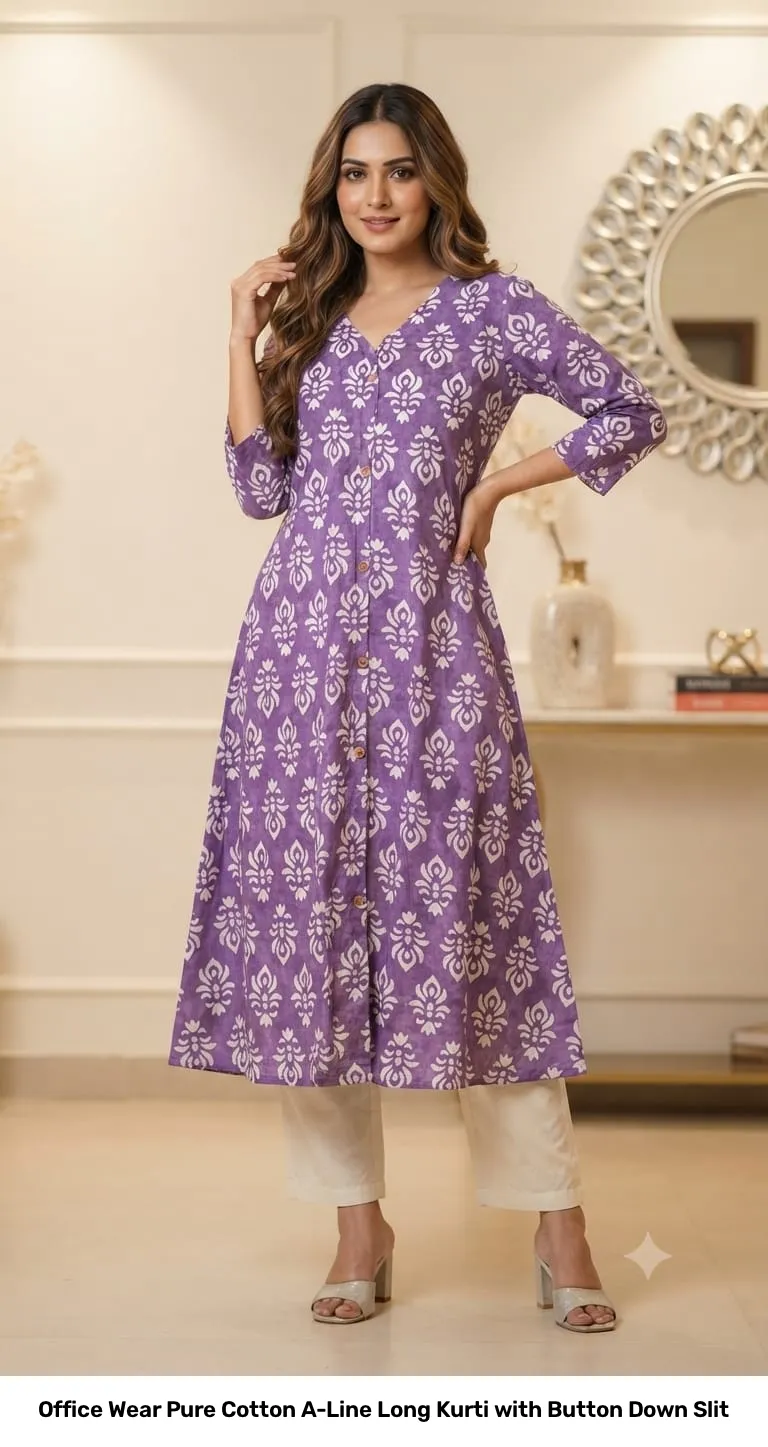 Office Wear Pure Cotton A-Line Long Kurti with Button Down Slit 3