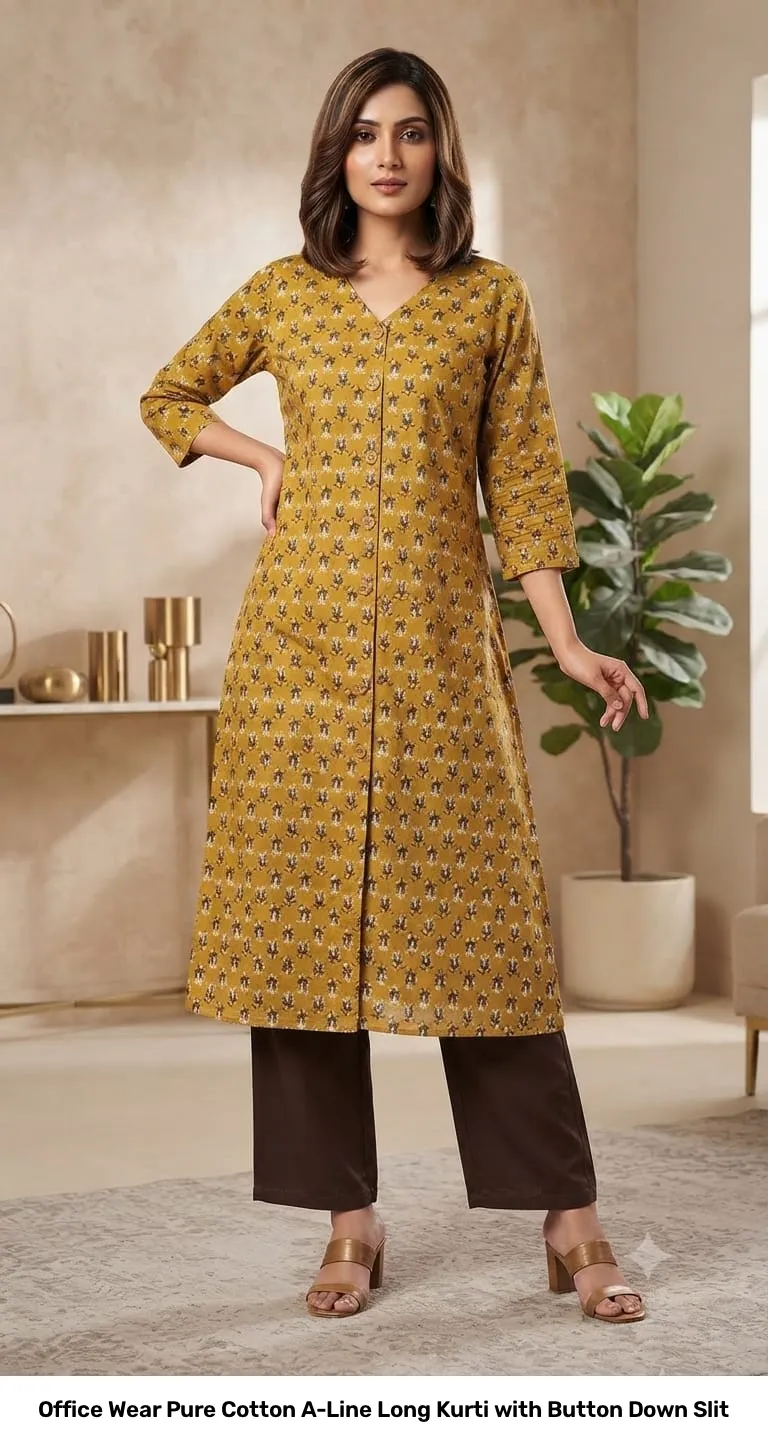 Office Wear Pure Cotton A-Line Long Kurti with Button Down Slit 4