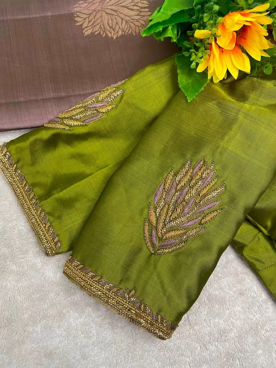Olive Green Designer Maggam Work Blouse | Leaf Motif & Hand-Embroidered Saree Blouse