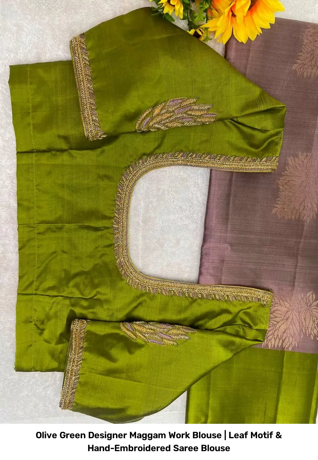 Olive Green Designer Maggam Work Blouse | Leaf Motif & Hand-Embroidered Saree Blouse 2