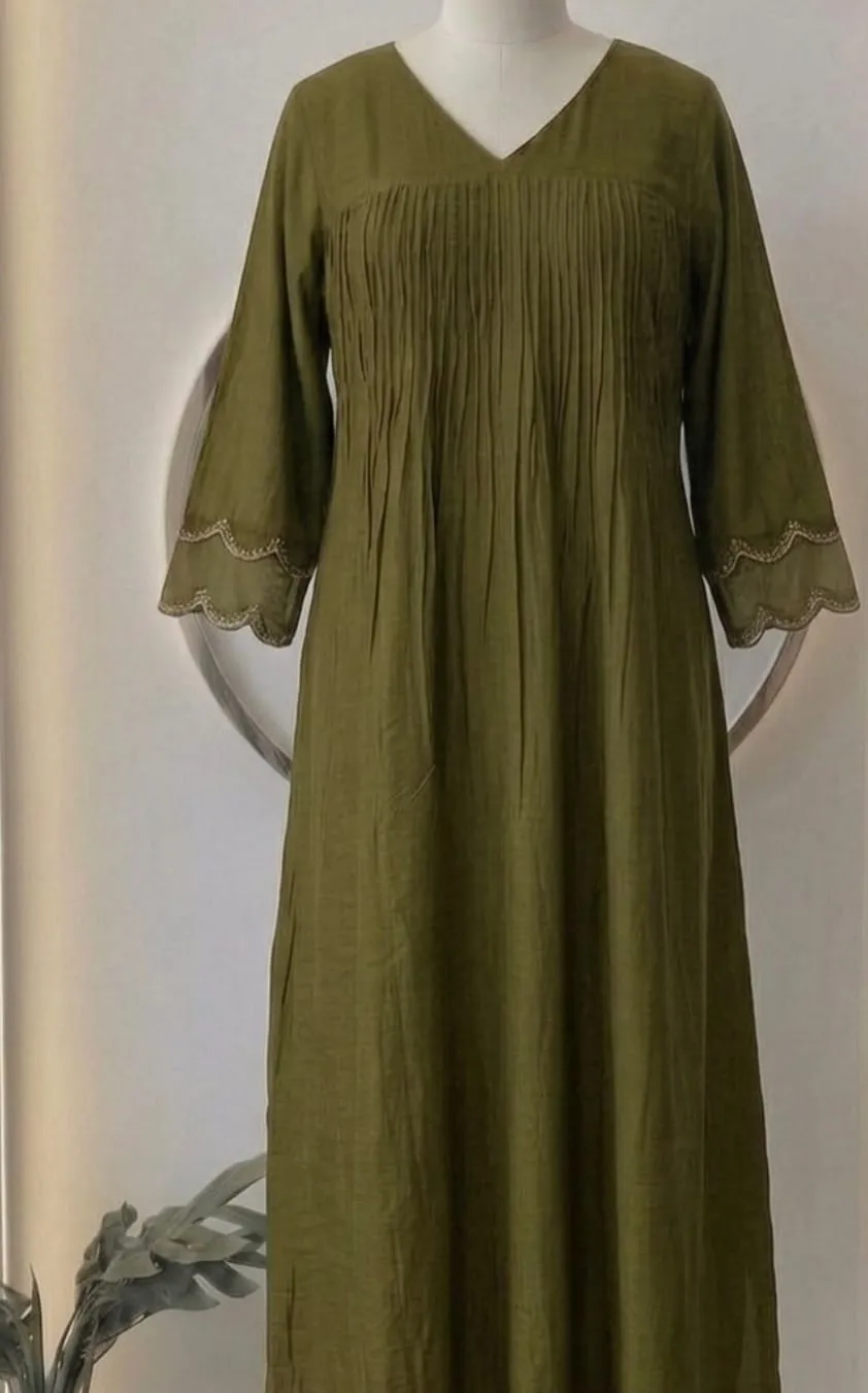 Olive Green Pintuck A-Line Long Kurti | V-Neck Organza Scalloped Sleeve Festive Maxi Dress