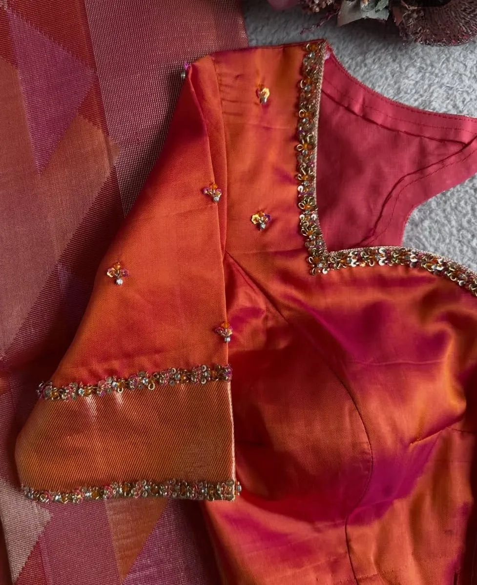 Orange & Rani Pink Dual Shade Silk Blouse with Beaded Neckline & Cut-Out Back – Ready to Wear / Custom Stitched