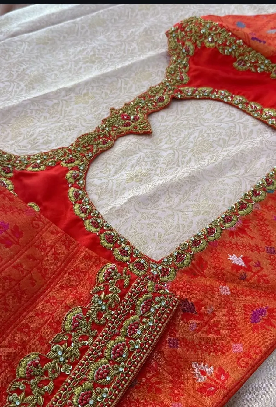 Orange-Red Hand Embroidered Aari Work Blouse | Scalloped Zardosi Border Silk Saree Blouse