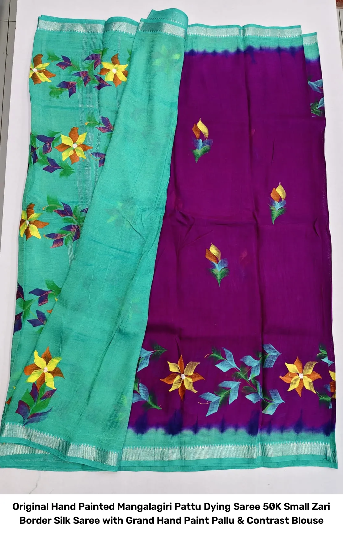 Original Hand Painted Mangalagiri Pattu Dying Saree – 50K Small Zari Border Silk Saree with Grand Hand Paint Pallu & Contrast Blouse 10