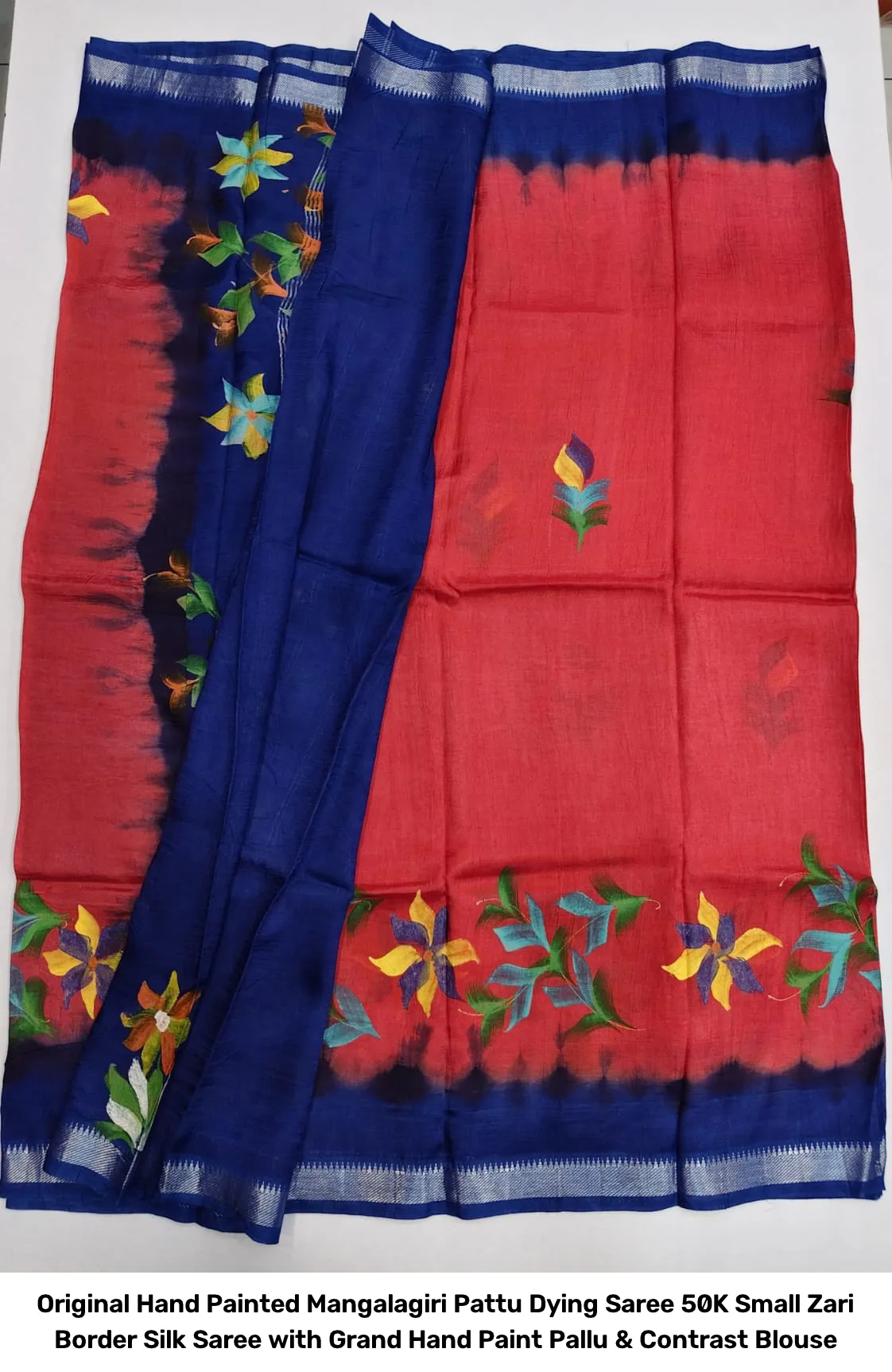 Original Hand Painted Mangalagiri Pattu Dying Saree – 50K Small Zari Border Silk Saree with Grand Hand Paint Pallu & Contrast Blouse 11
