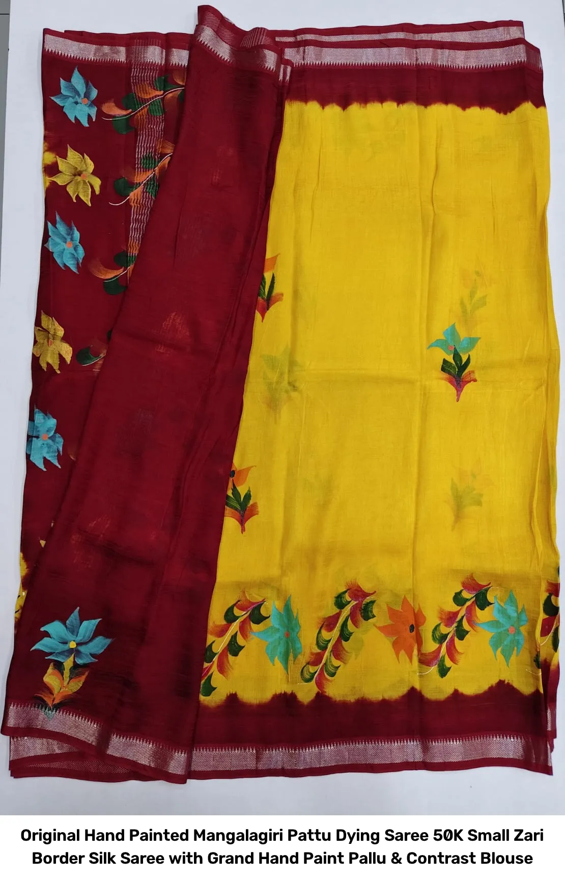 Original Hand Painted Mangalagiri Pattu Dying Saree – 50K Small Zari Border Silk Saree with Grand Hand Paint Pallu & Contrast Blouse 12