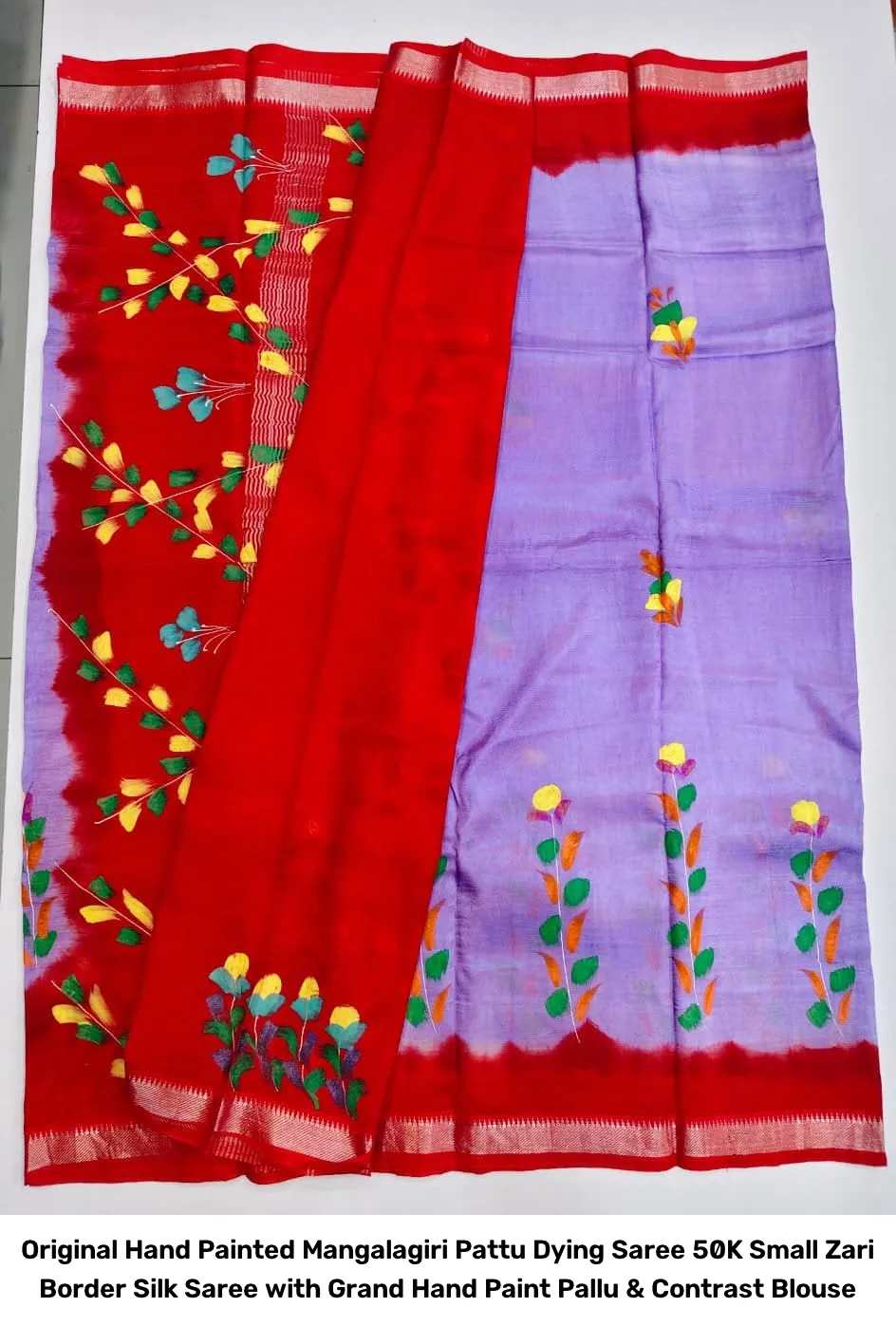 Original Hand Painted Mangalagiri Pattu Dying Saree – 50K Small Zari Border Silk Saree with Grand Hand Paint Pallu & Contrast Blouse 13