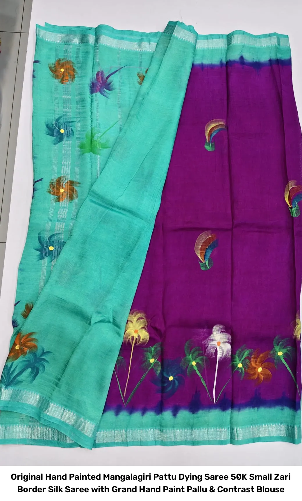 Original Hand Painted Mangalagiri Pattu Dying Saree – 50K Small Zari Border Silk Saree with Grand Hand Paint Pallu & Contrast Blouse 14