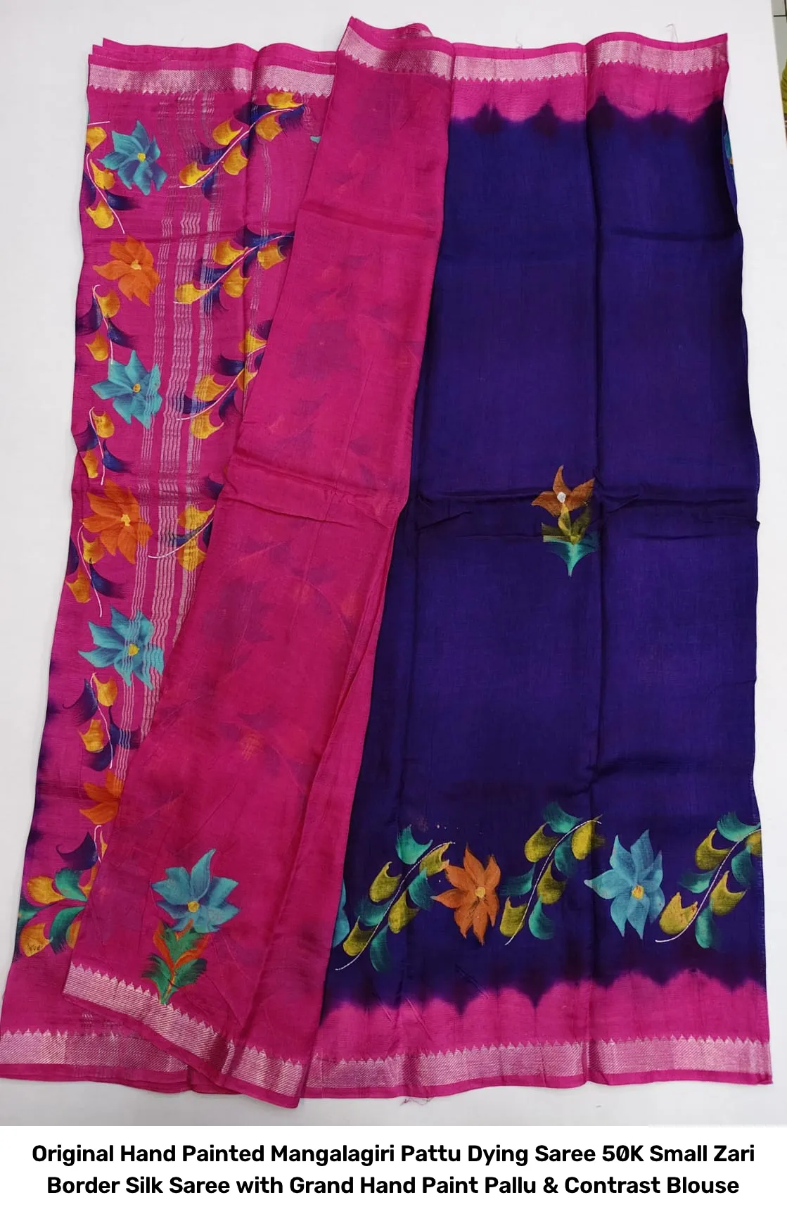 Original Hand Painted Mangalagiri Pattu Dying Saree – 50K Small Zari Border Silk Saree with Grand Hand Paint Pallu & Contrast Blouse 15