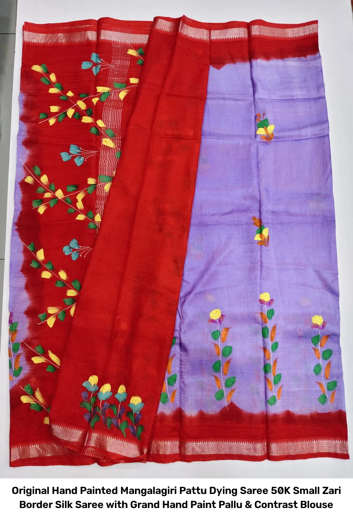 Original Hand Painted Mangalagiri Pattu Dying Saree – 50K Small Zari Border Silk Saree with Grand Hand Paint Pallu & Contrast Blouse 16