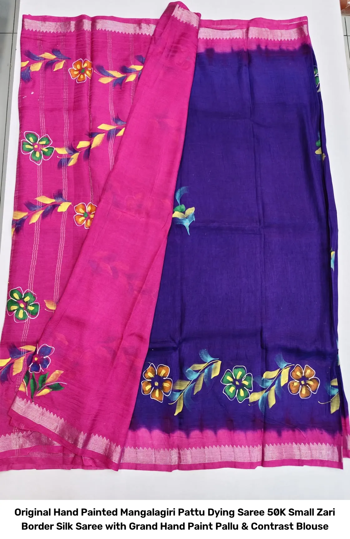 Original Hand Painted Mangalagiri Pattu Dying Saree – 50K Small Zari Border Silk Saree with Grand Hand Paint Pallu & Contrast Blouse 17
