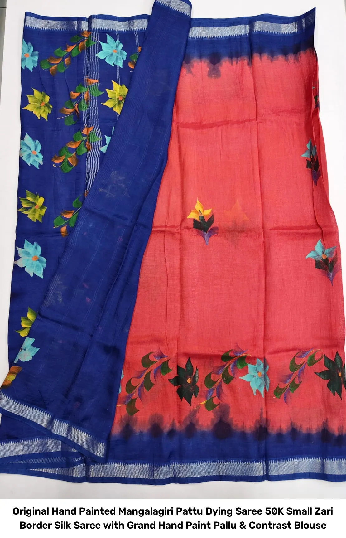 Original Hand Painted Mangalagiri Pattu Dying Saree – 50K Small Zari Border Silk Saree with Grand Hand Paint Pallu & Contrast Blouse 18