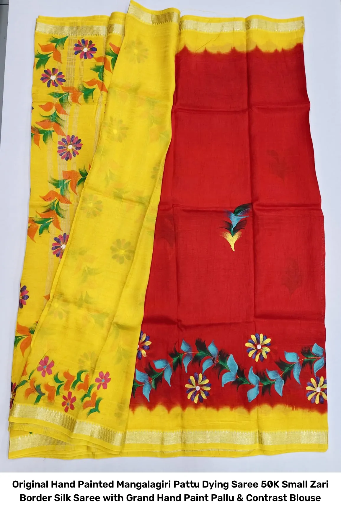 Original Hand Painted Mangalagiri Pattu Dying Saree – 50K Small Zari Border Silk Saree with Grand Hand Paint Pallu & Contrast Blouse 19