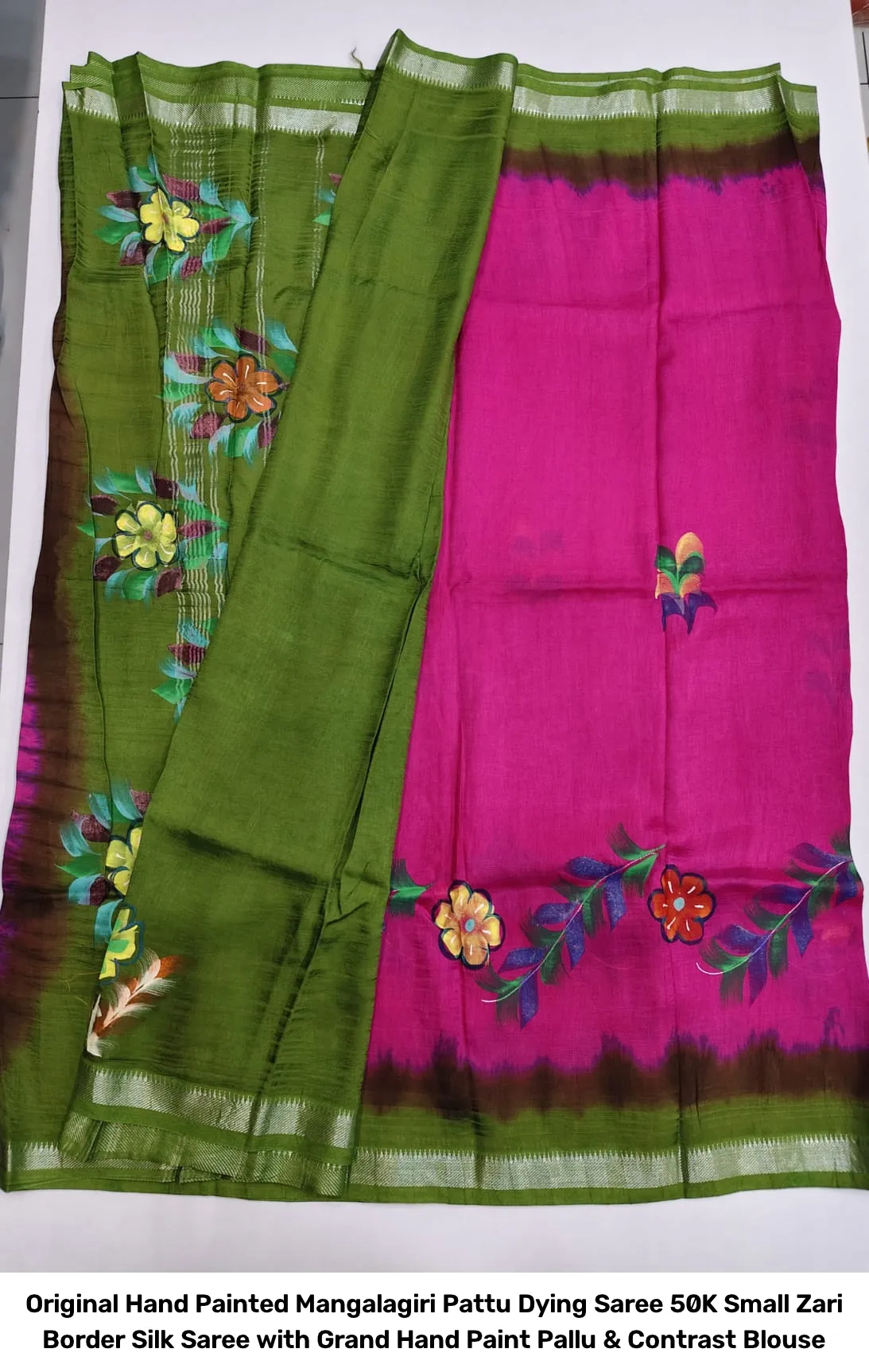 Original Hand Painted Mangalagiri Pattu Dying Saree – 50K Small Zari Border Silk Saree with Grand Hand Paint Pallu & Contrast Blouse 2