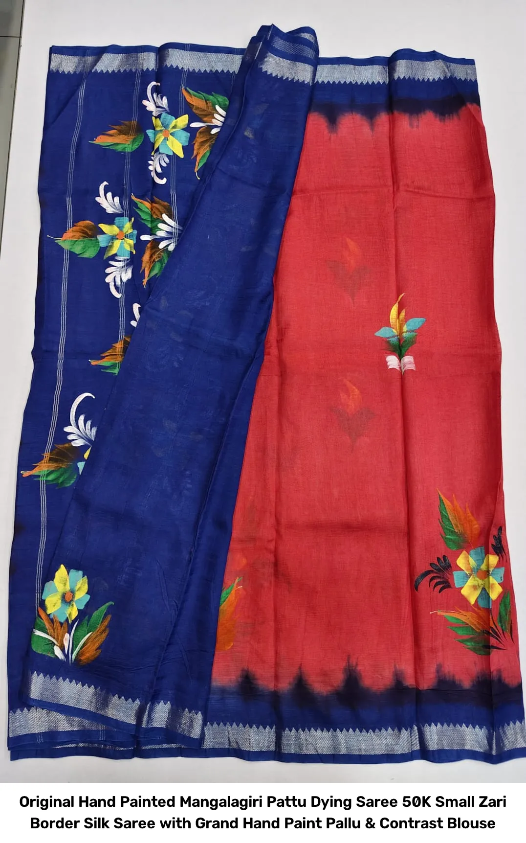 Original Hand Painted Mangalagiri Pattu Dying Saree – 50K Small Zari Border Silk Saree with Grand Hand Paint Pallu & Contrast Blouse 3