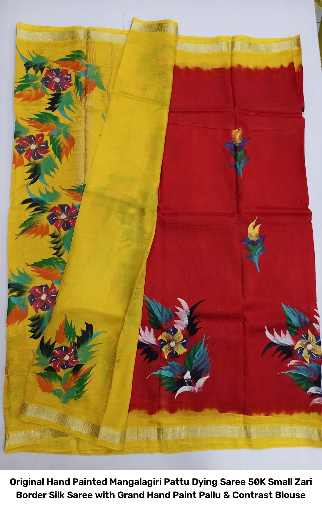 Original Hand Painted Mangalagiri Pattu Dying Saree – 50K Small Zari Border Silk Saree with Grand Hand Paint Pallu & Contrast Blouse 4