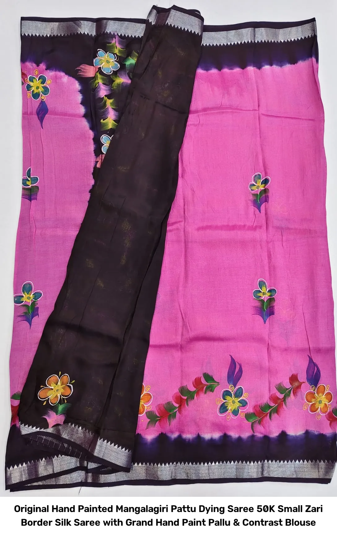 Original Hand Painted Mangalagiri Pattu Dying Saree – 50K Small Zari Border Silk Saree with Grand Hand Paint Pallu & Contrast Blouse 5