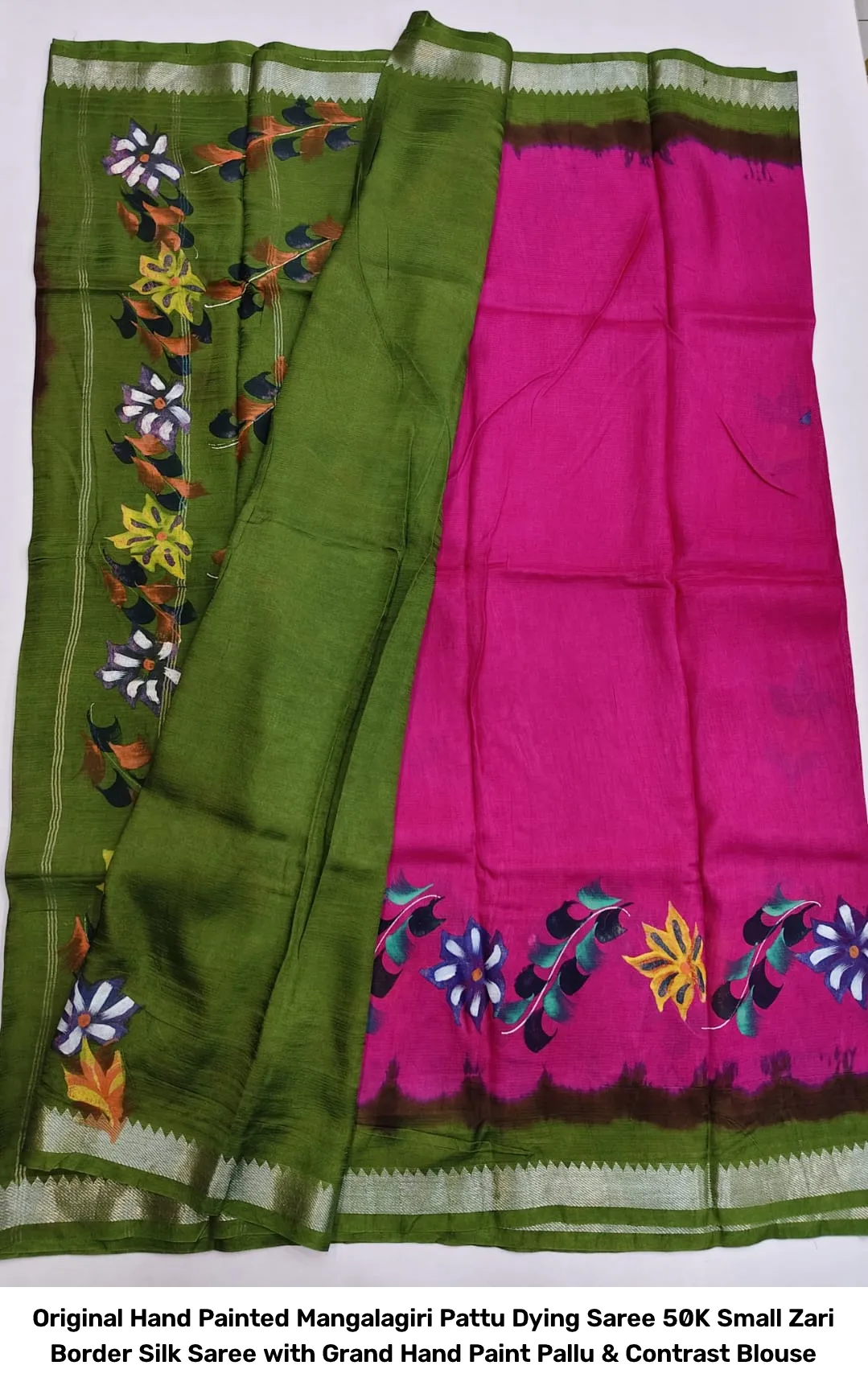 Original Hand Painted Mangalagiri Pattu Dying Saree – 50K Small Zari Border Silk Saree with Grand Hand Paint Pallu & Contrast Blouse 6