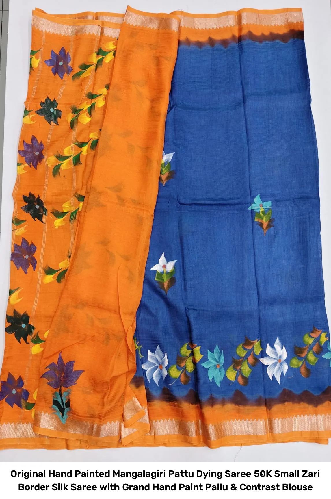 Original Hand Painted Mangalagiri Pattu Dying Saree – 50K Small Zari Border Silk Saree with Grand Hand Paint Pallu & Contrast Blouse 7