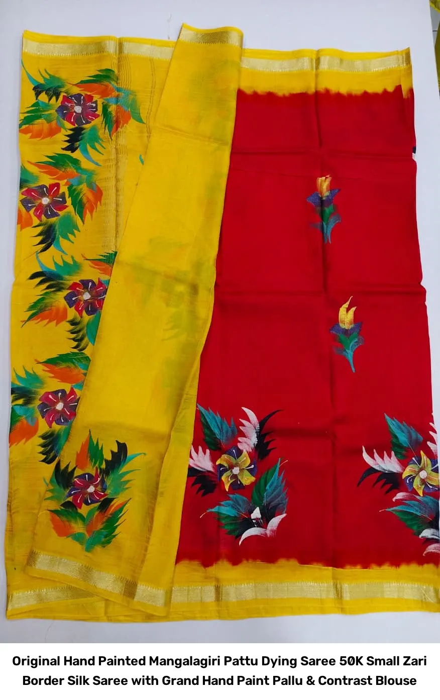 Original Hand Painted Mangalagiri Pattu Dying Saree – 50K Small Zari Border Silk Saree with Grand Hand Paint Pallu & Contrast Blouse 8