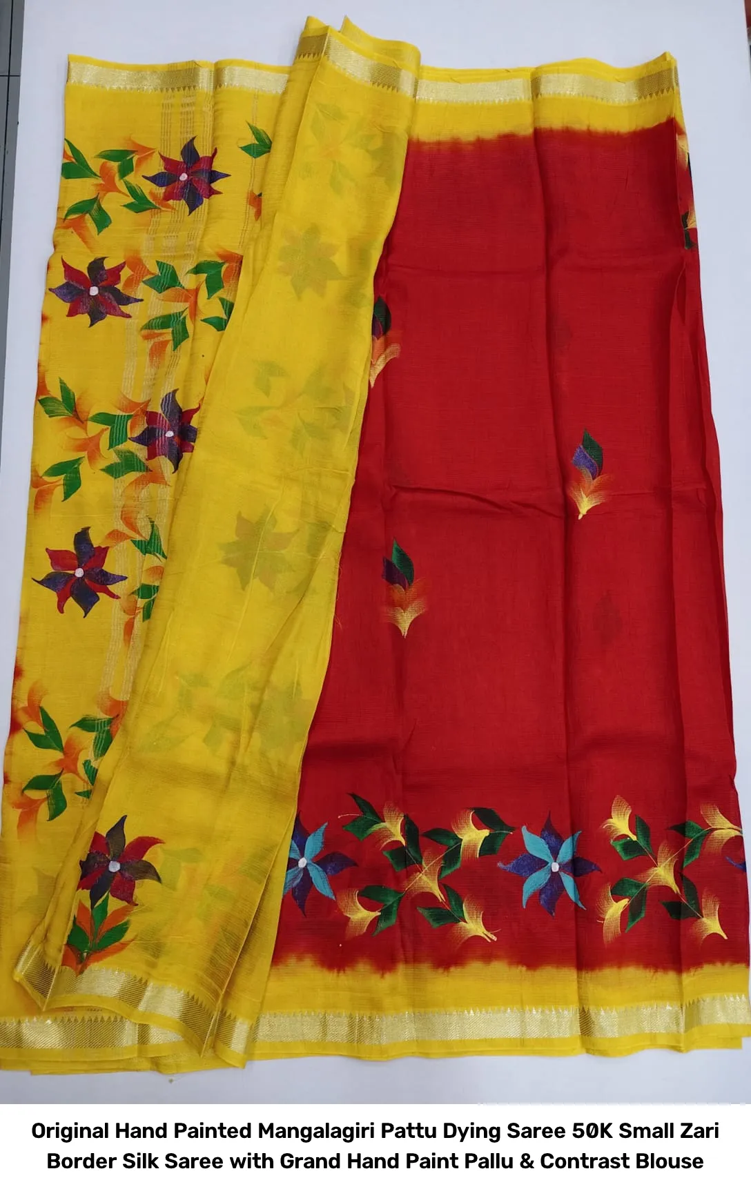 Original Hand Painted Mangalagiri Pattu Dying Saree – 50K Small Zari Border Silk Saree with Grand Hand Paint Pallu & Contrast Blouse 9